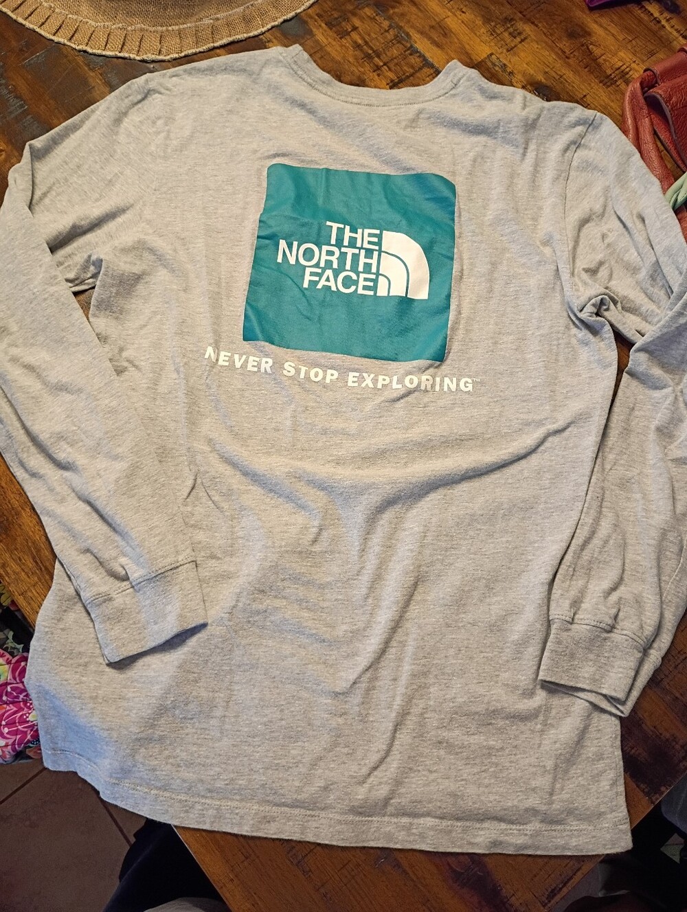 The North Face Men's Long Sleeve Tee - Light Gray with Teal Logo